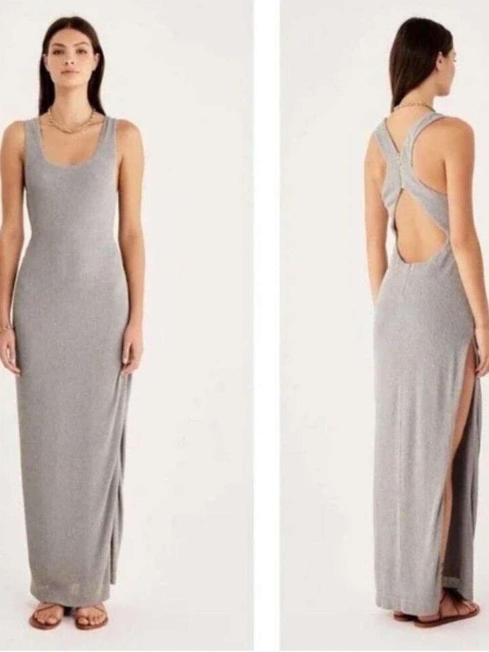 NWT Rumer Rosa Stripe Cutout Back Slit Side Maxi Dress